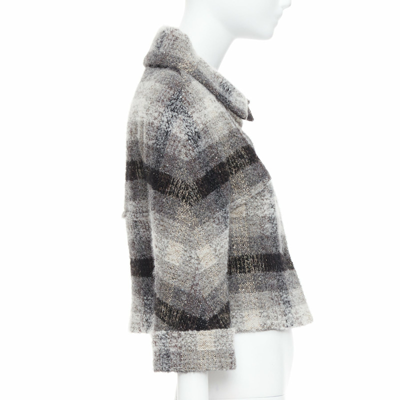 CHANEL 18B Fantasy tweed grey checked sequinned wool crop jacket FR38 M-4