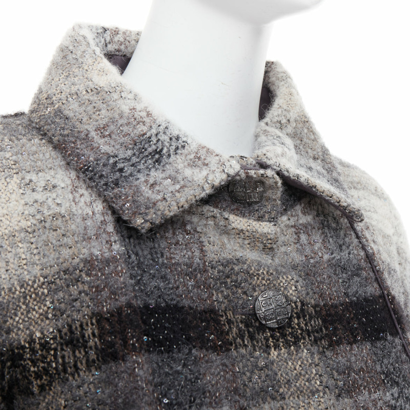CHANEL 18B Fantasy tweed grey checked sequinned wool crop jacket FR38 M-7