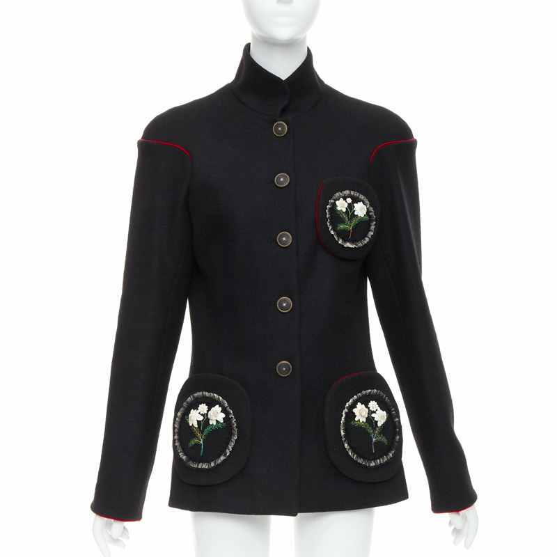 rare CHANEL 2015 Runway Edelweiss flower embroidery circle pocket wool coat FR42-0