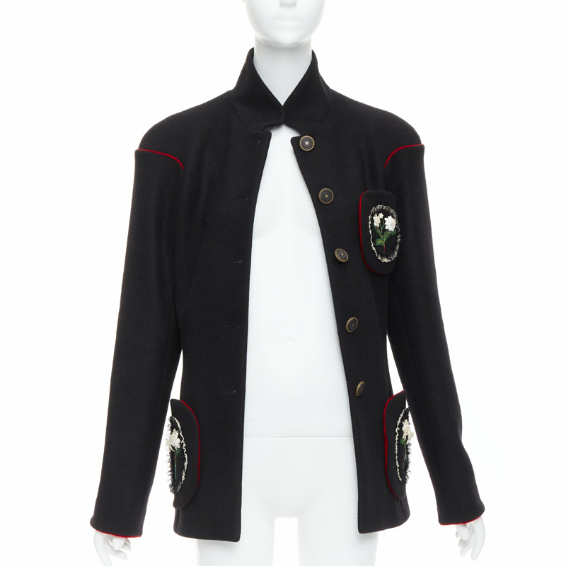 rare CHANEL 2015 Runway Edelweiss flower embroidery circle pocket wool coat FR42-2