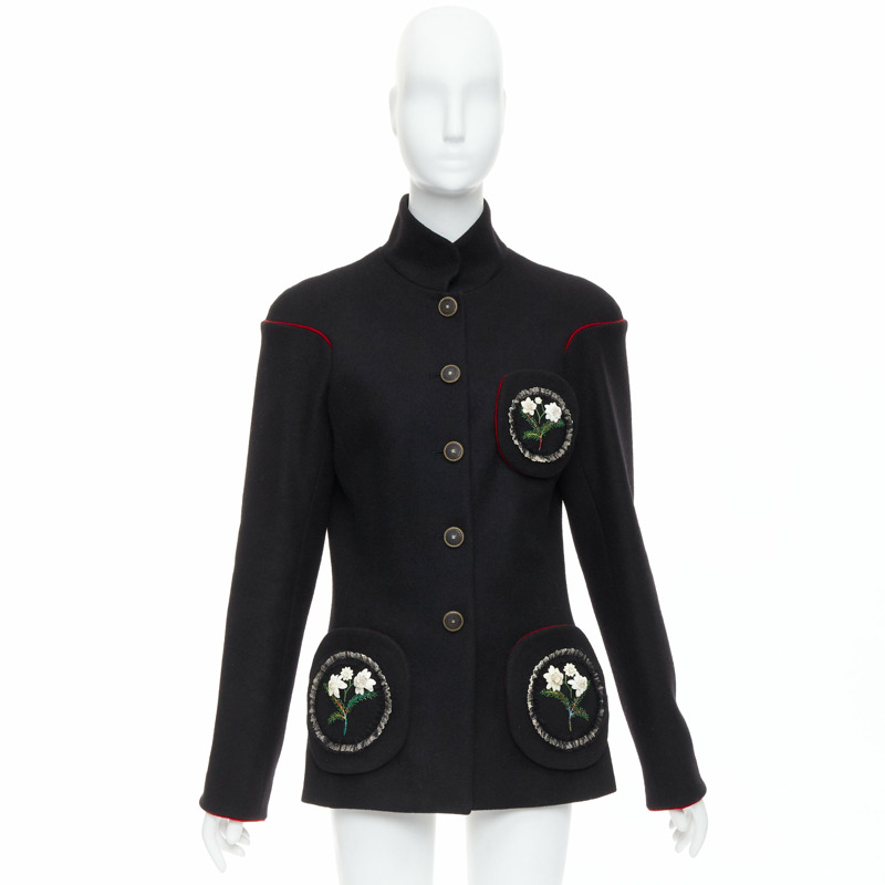 rare CHANEL 2015 Runway Edelweiss flower embroidery circle pocket wool coat FR42-13