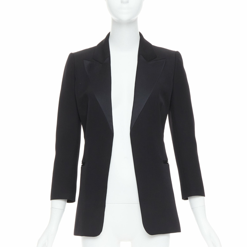 LANVIN Alber Elbaz black wool silk Trompe Loeil pressed peak lapel blazer FR36 S-0