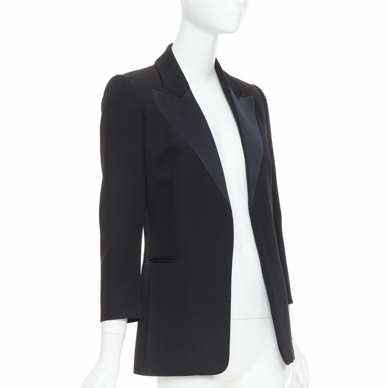 LANVIN Alber Elbaz black wool silk Trompe Loeil pressed peak lapel blazer FR36 S-2