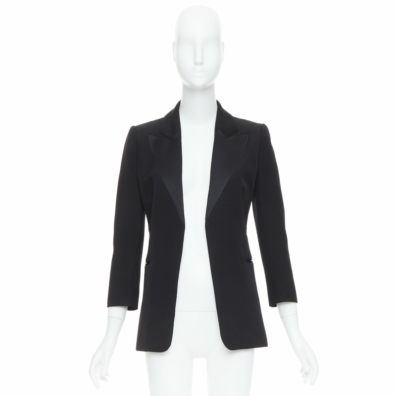 LANVIN Alber Elbaz black wool silk Trompe Loeil pressed peak lapel blazer FR36 S-8