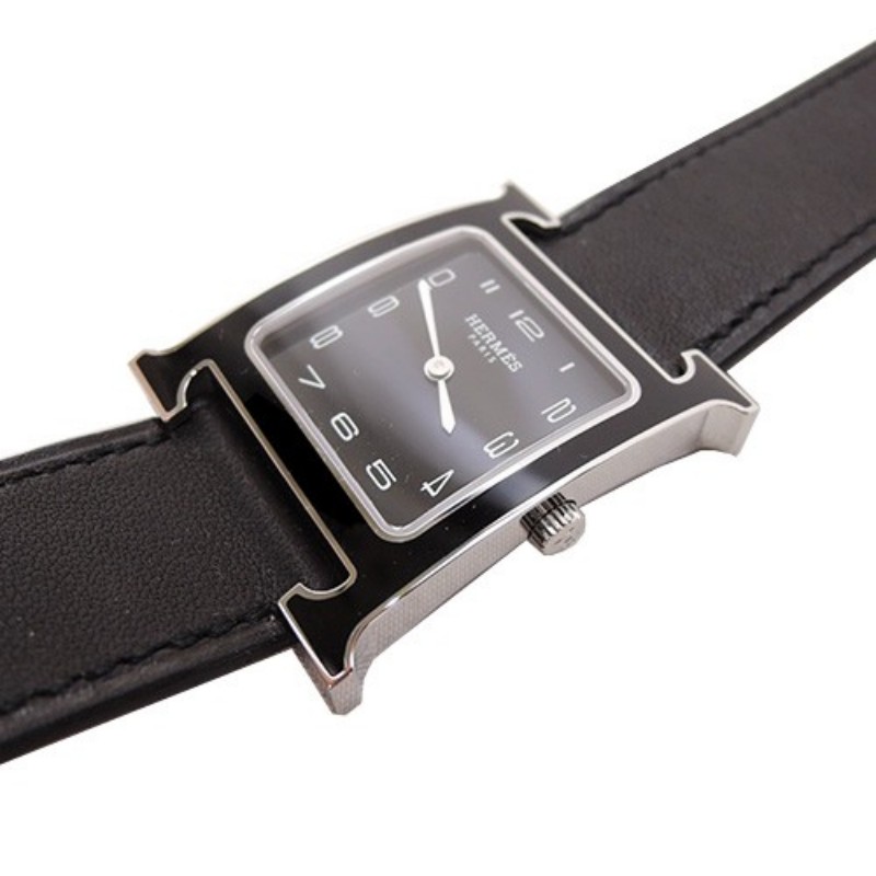 Hermes 愛馬仕 Heure H小牛皮全黑琺瑯框石英腕錶(黑/26mm)-0