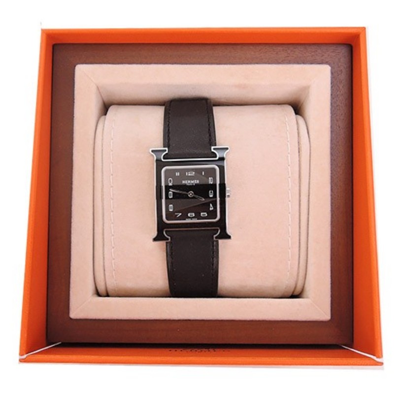 Hermes 愛馬仕 Heure H小牛皮全黑琺瑯框石英腕錶(黑/26mm)-1