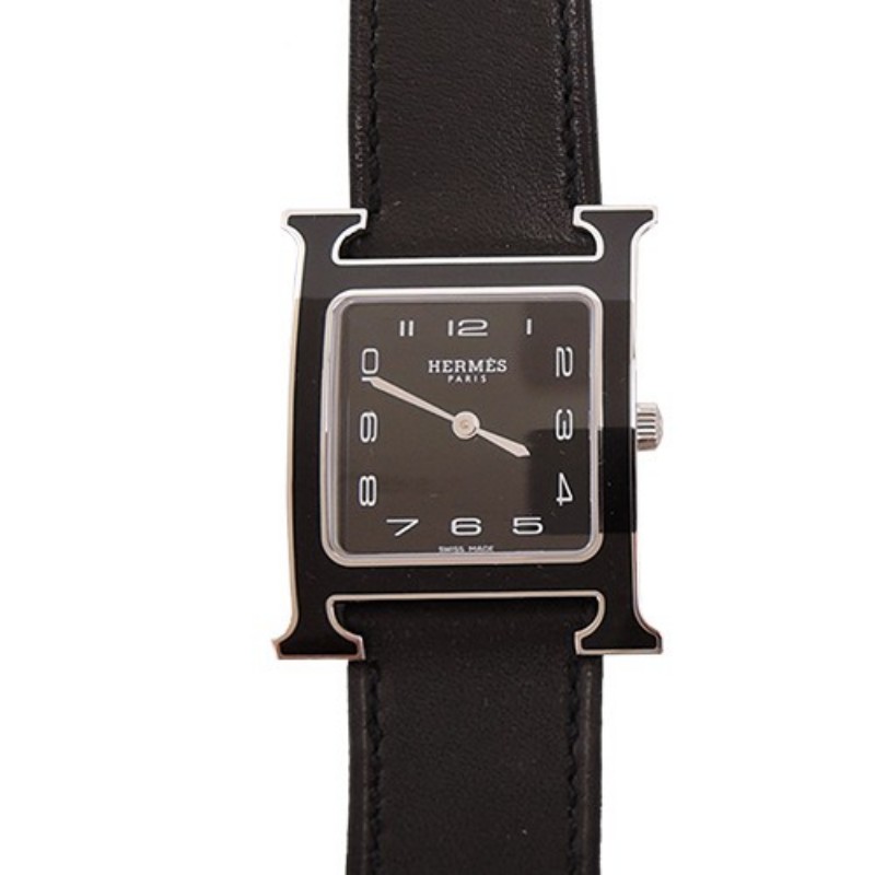 Hermes 愛馬仕 Heure H小牛皮全黑琺瑯框石英腕錶(黑/26mm)-4