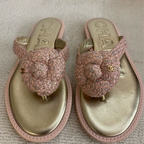 CHANEL Tweed CC Camellia Sandals