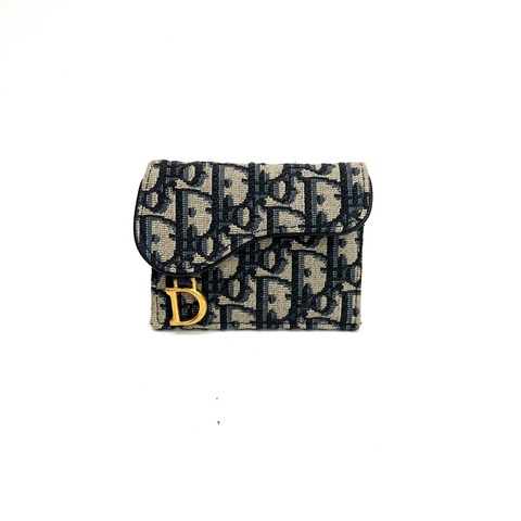 Dior 藍緹花布金釦Saddle 下蓋2卡零錢卡包