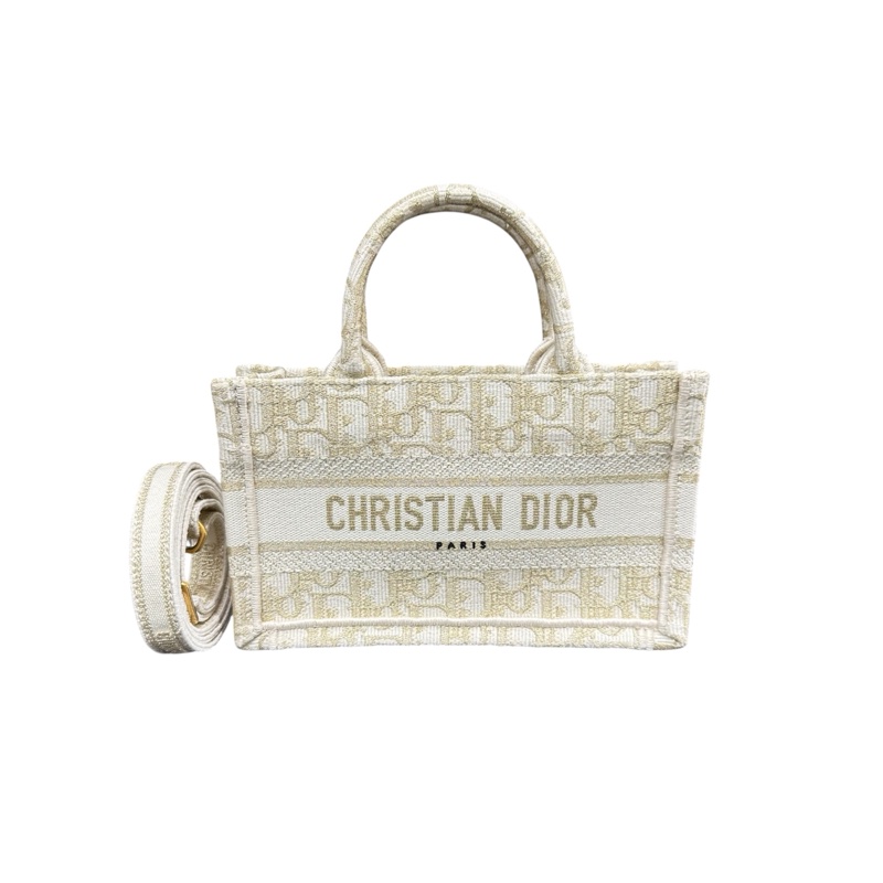 Dior 白帆布金刺繡金釦Book Mini手提斜背托特包-0