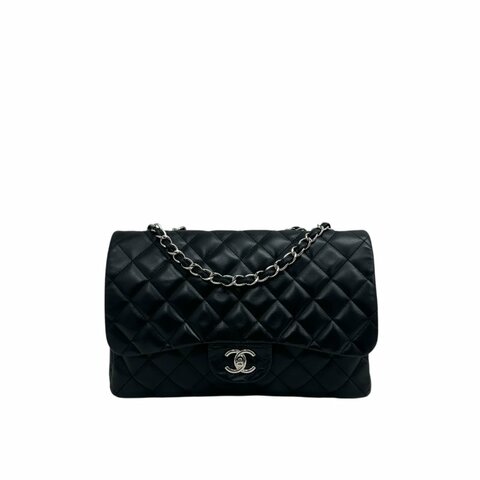 CHANEL 黑色羊皮 CF30 Jumbo 銀扣經典翻蓋包（二手精品）M3391
