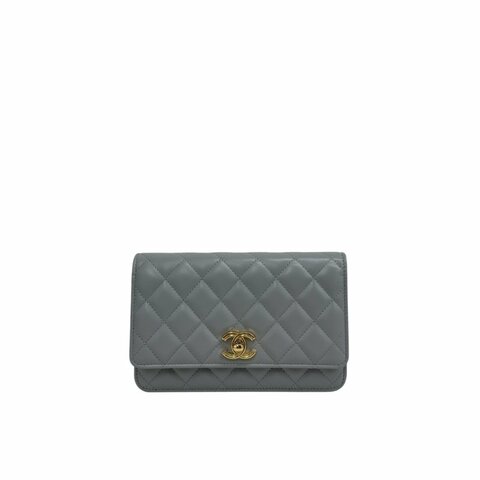 【CHANEL】Lambskin Wallet On Chain 灰色金扣 鏈條小包 L0831