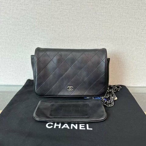 CHANEL 黑銀菱格紋子母雙子星斜背包 20*14*4.5 98新 配件塵袋
