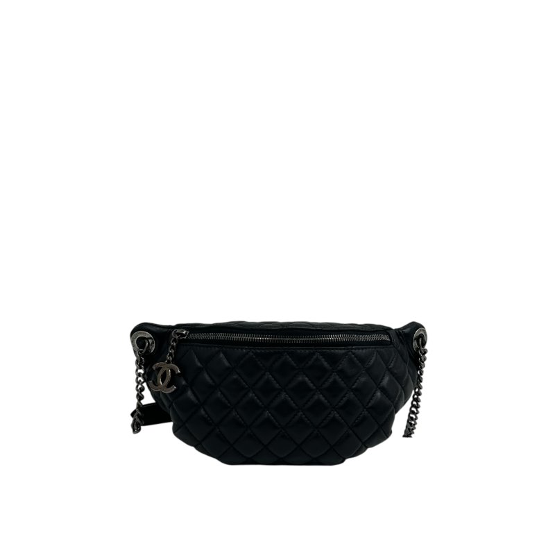 CHANEL 羊皮 菱格腰包 黑色銀扣 腰包/斜背包（二手）L0830-11