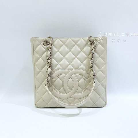 CHANEL米白色荔枝皮銀鍊肩背包