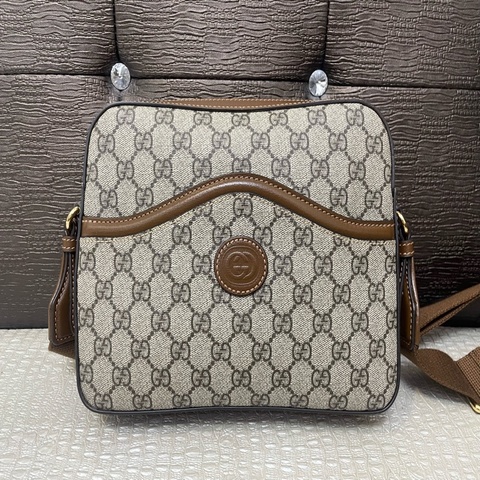 Gucci PVC咖牛皮金釦前磁吸口袋斜背包
