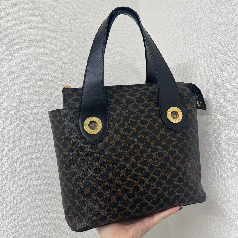 「JL精品代購」Celine黑色老花金環拉鏈手提包-3