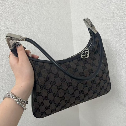 「JL精品代購」Gucci棕色帆布拼皮羊角單肩腋下包