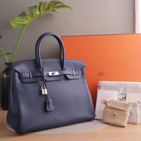 HERMES愛馬仕 Birkin35 BK35深邃藍銀扣