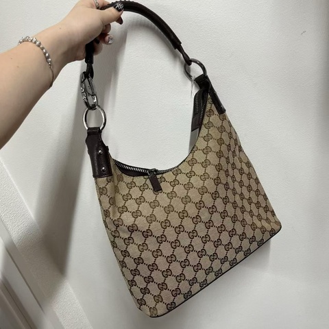 「JL精品代購」Gucci棕色帆布拼皮手提單肩牛角包
