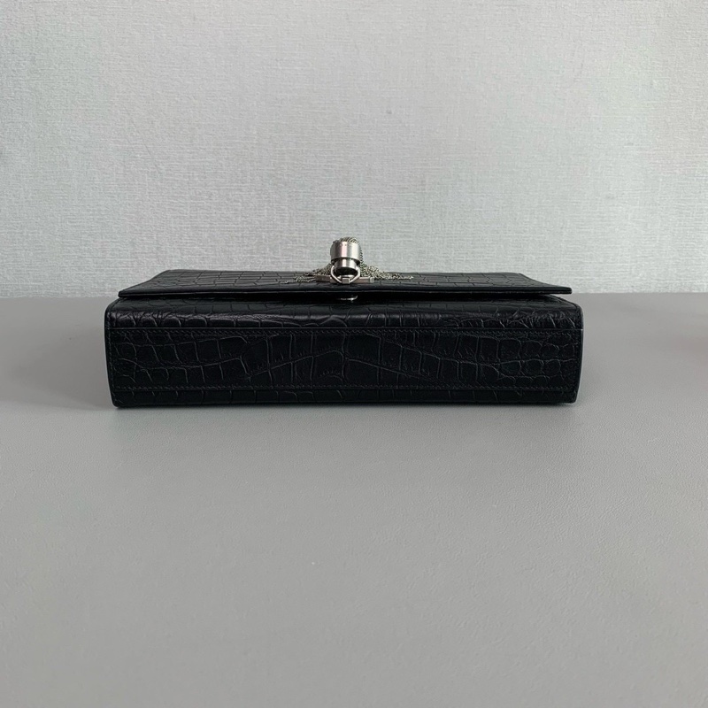 限量98新🆕Ysl 黑色鱷魚壓紋kate銀飾五金logo 鏈條流蘇單肩斜挎包-7