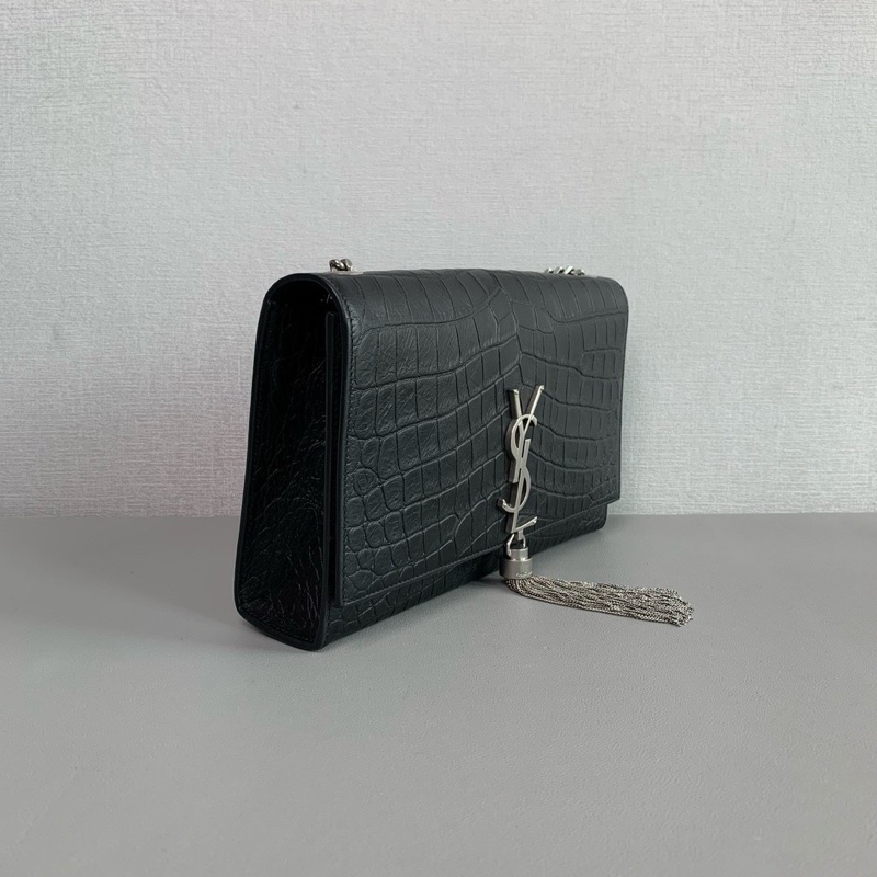 限量98新🆕Ysl 黑色鱷魚壓紋kate銀飾五金logo 鏈條流蘇單肩斜挎包-9