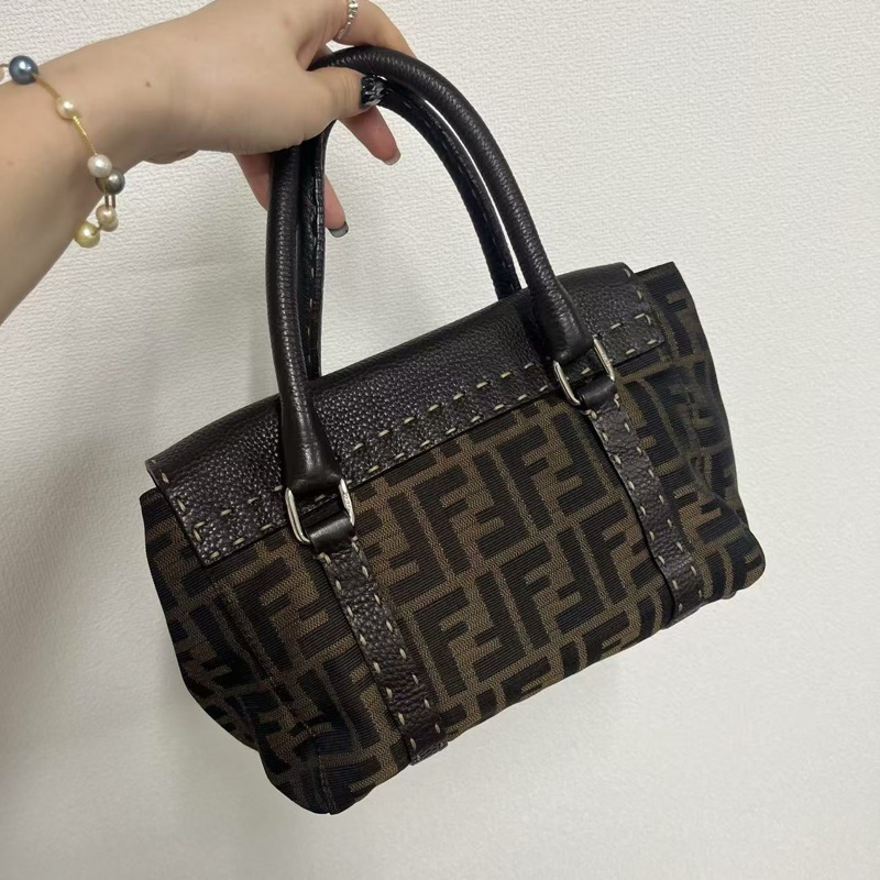 「JL精品代購」Fendi帆布拼皮外縫線手提小包-3