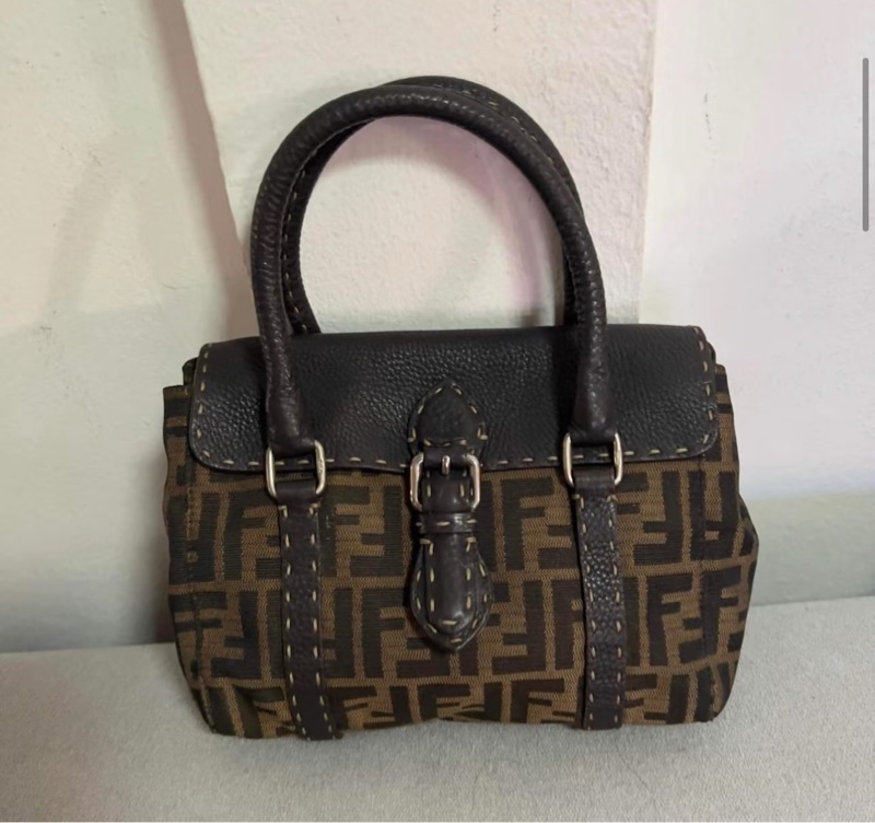 「JL精品代購」Fendi帆布拼皮外縫線手提小包-4
