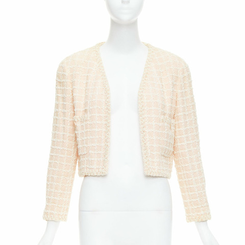 rare CHANEL 94P Vintage pink cotton tweed cropped jacket FR40 L
