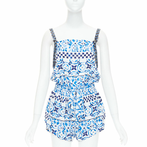 LOUIS VUITTON Monogram Tile 100% silk white blue majolica beaded strap playsuit FR34 XS
