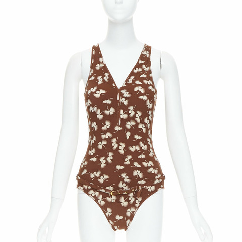GUCCI Vintage brown cream floral print belted one piece swimsuit