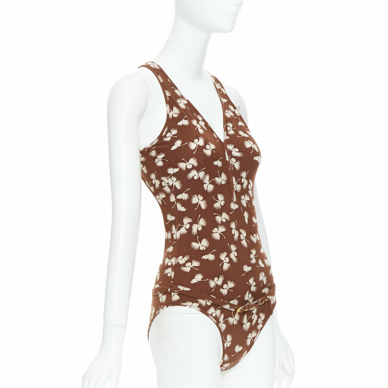 GUCCI Vintage brown cream floral print belted one piece swimsuit-3