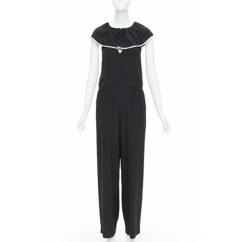 CHLOE black 100% silk crepe de chine ruffle collar jumpsuit FR36 S