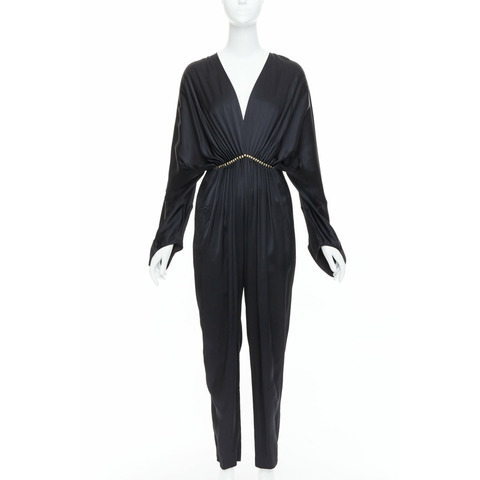 STELLA MCCARTNEY Morgan black silky gold pleated plunge jumpsuit IT34 XXS Alicia Keys