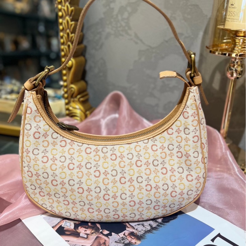 「JL精品代購」Celine帆布拼皮淺棕色月牙腋下手提包-0