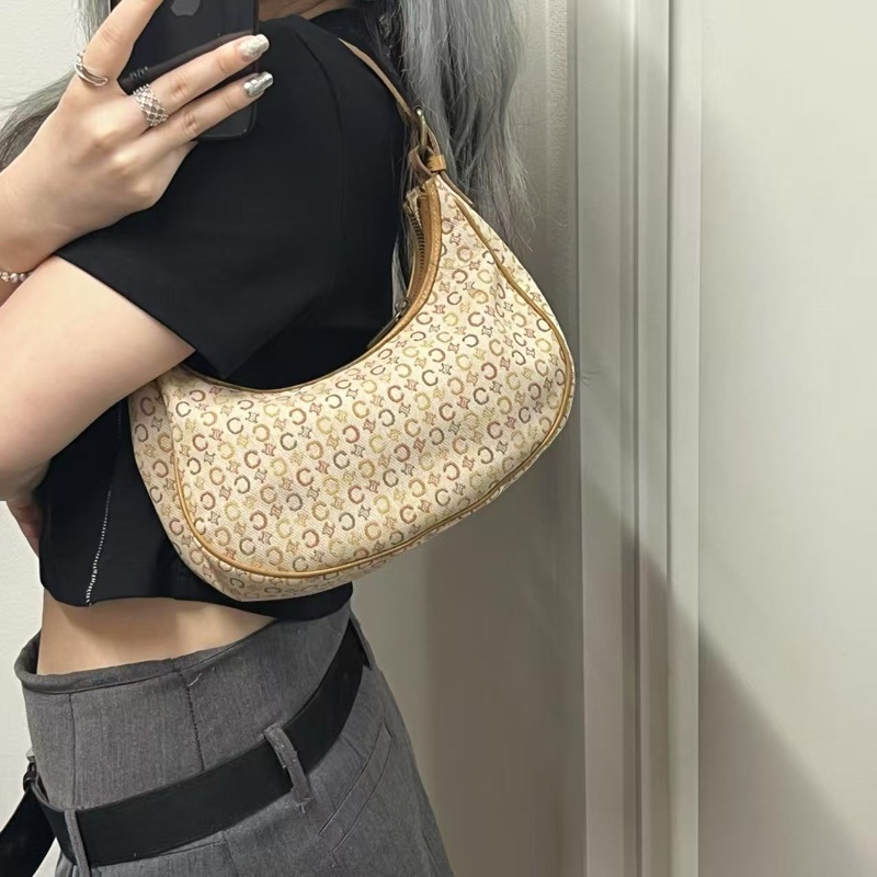「JL精品代購」Celine帆布拼皮淺棕色月牙腋下手提包-1
