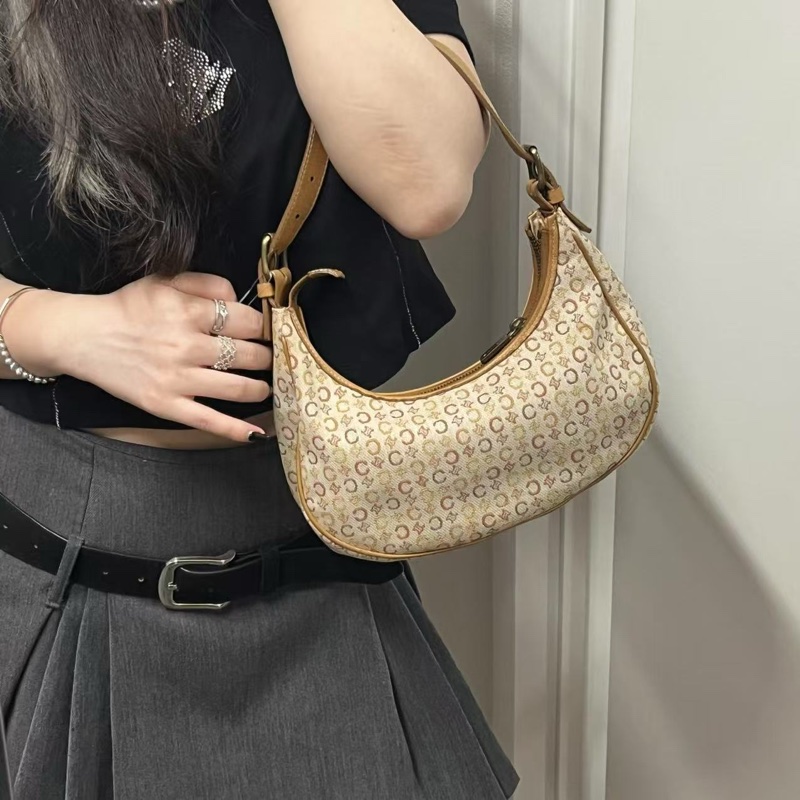 「JL精品代購」Celine帆布拼皮淺棕色月牙腋下手提包-2