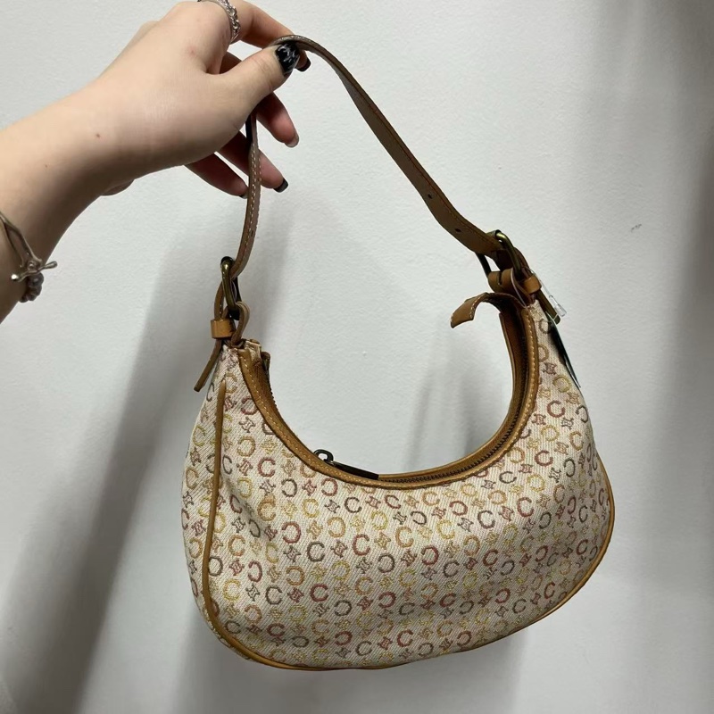 「JL精品代購」Celine帆布拼皮淺棕色月牙腋下手提包-3