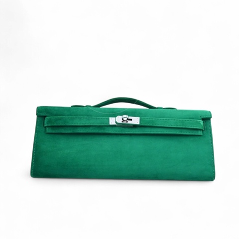 [Brand New] Hermes Kelly Cut Clutch Green Suede PHW Stamp B
