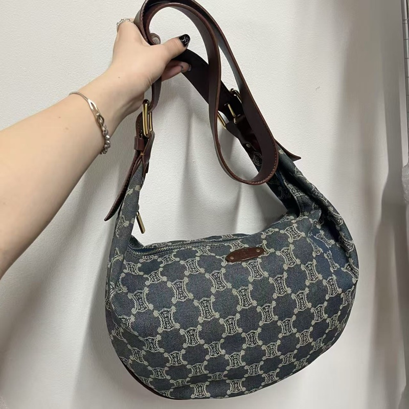 「JL精品代購」Celine牛仔巧克力帆布拼皮牛角大托特包 長肩帶-0