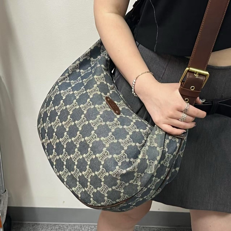 「JL精品代購」Celine牛仔巧克力帆布拼皮牛角大托特包 長肩帶-2