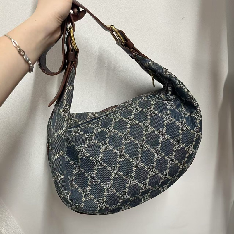 「JL精品代購」Celine牛仔巧克力帆布拼皮牛角大托特包 長肩帶-3