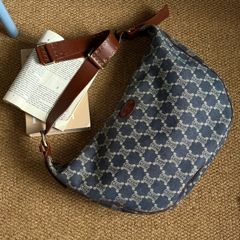 「JL精品代購」Celine牛仔巧克力帆布拼皮牛角大托特包 長肩帶-4