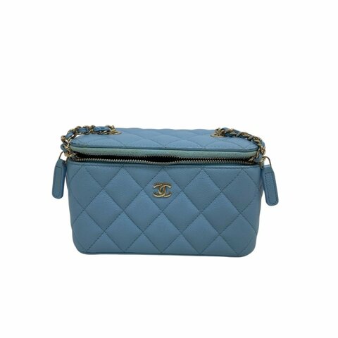 CHANEL Caviar 藍色金扣 長盒子鏈條包 Chain Shoulder 二手包 H0042