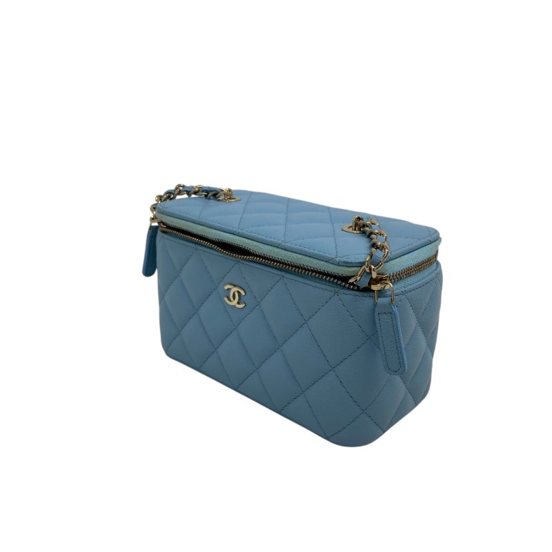 CHANEL Caviar 藍色金扣 長盒子鏈條包 Chain Shoulder 二手包 H0042-2