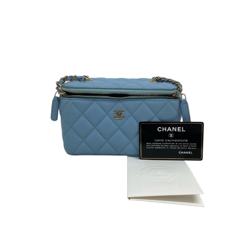 CHANEL Caviar 藍色金扣 長盒子鏈條包 Chain Shoulder 二手包 H0042-3