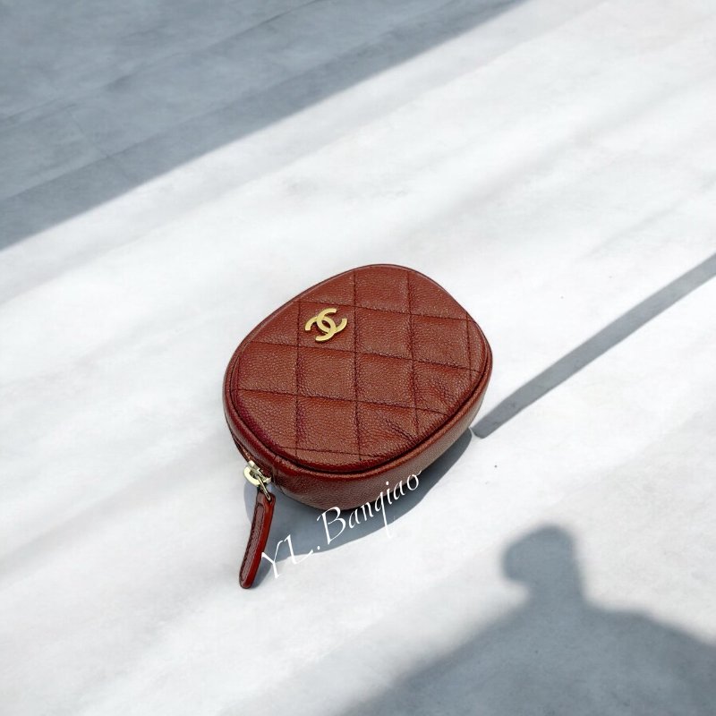 CHANEL棗紅色荔枝皮圓形拉鍊零錢包-0