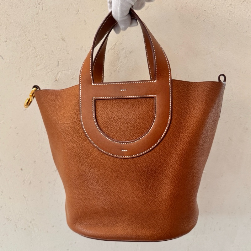 【狀況尚可】愛馬仕HERMES金扣棕色牛皮in-the-loop23手提水桶包水餃包百搭時尚-1