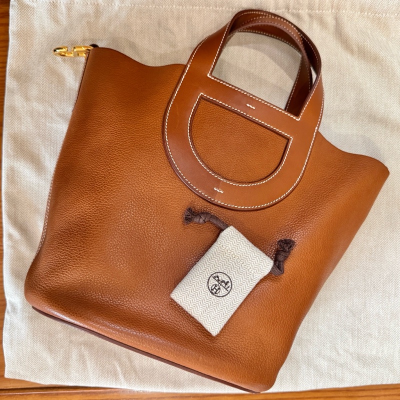 【狀況尚可】愛馬仕HERMES金扣棕色牛皮in-the-loop23手提水桶包水餃包百搭時尚-2