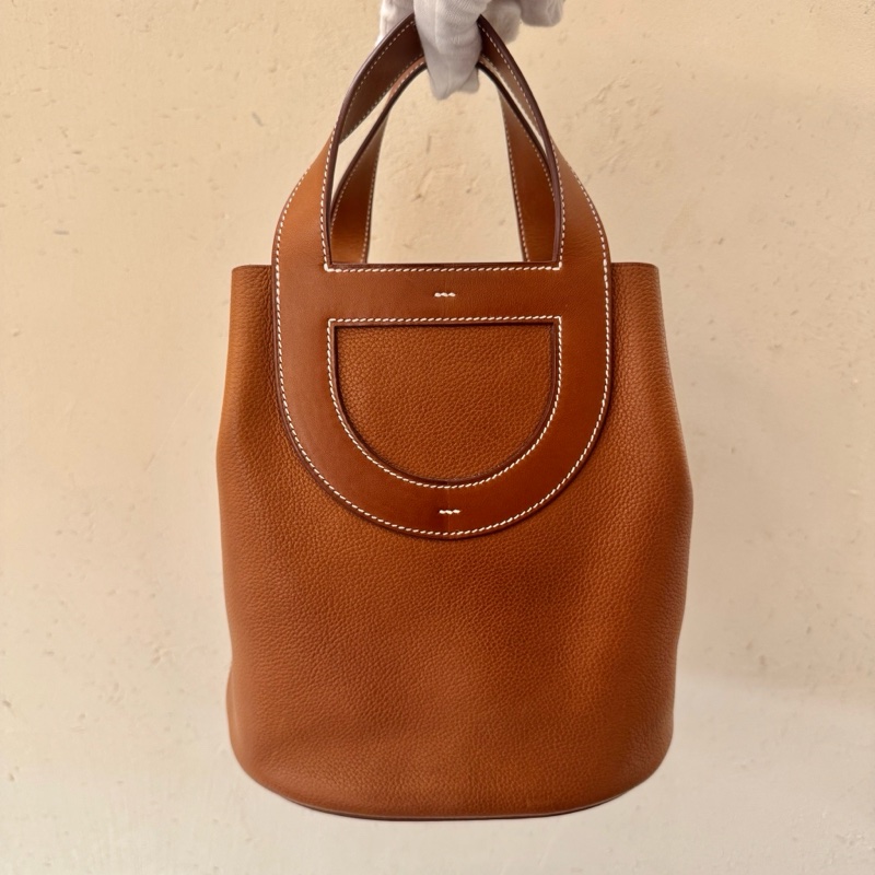 【狀況尚可】愛馬仕HERMES金扣棕色牛皮in-the-loop23手提水桶包水餃包百搭時尚-3